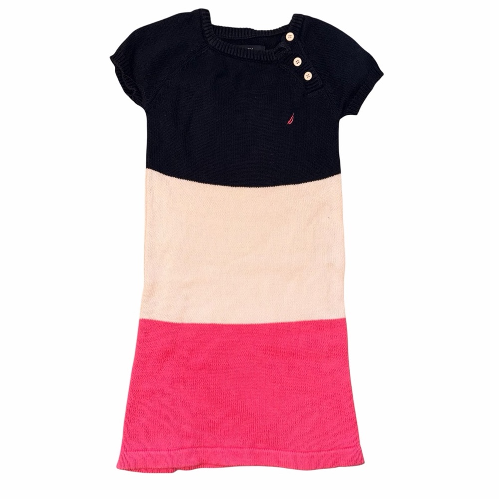 Nautica Black Cream Pink Block Knit Dress with Shoulder Buttons